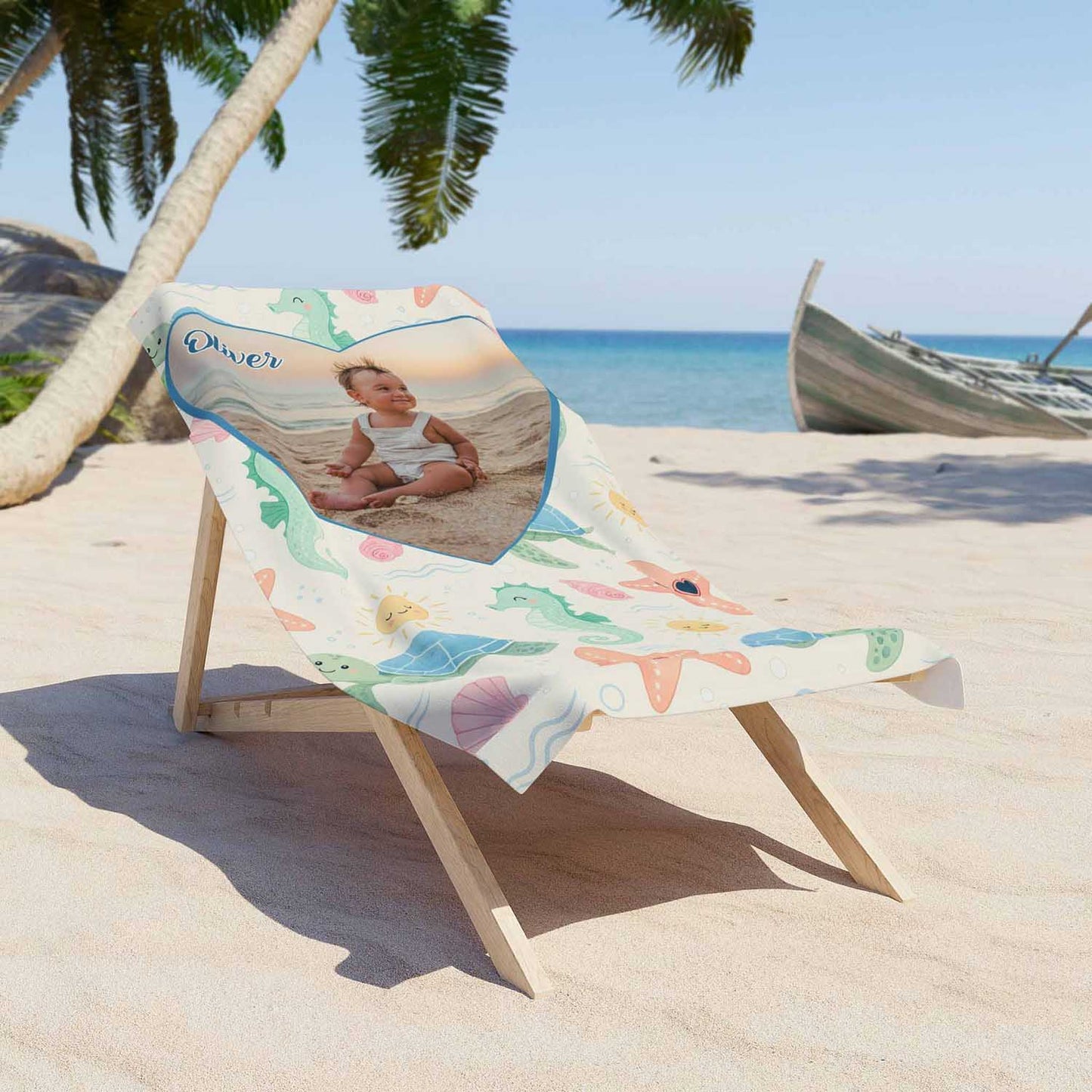 Personalized baby boy beach towel custom photo name, kids gift pastel sea animals art lifestyle lounger