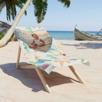 Personalized baby boy beach towel custom photo name, kids gift pastel sea animals art lifestyle lounger