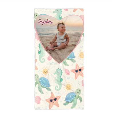 Personalized baby girl beach towel custom photo name, pastel sea animals art kids gift front view