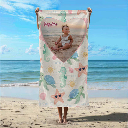 Personalized baby girl beach towel custom photo name, pastel sea animals art kids gift lifestyle beach