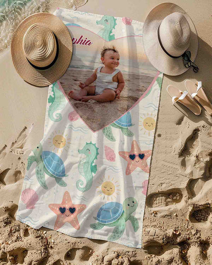 Personalized baby girl beach towel custom photo name, kids gift pastel sea animals art lifestyle sand