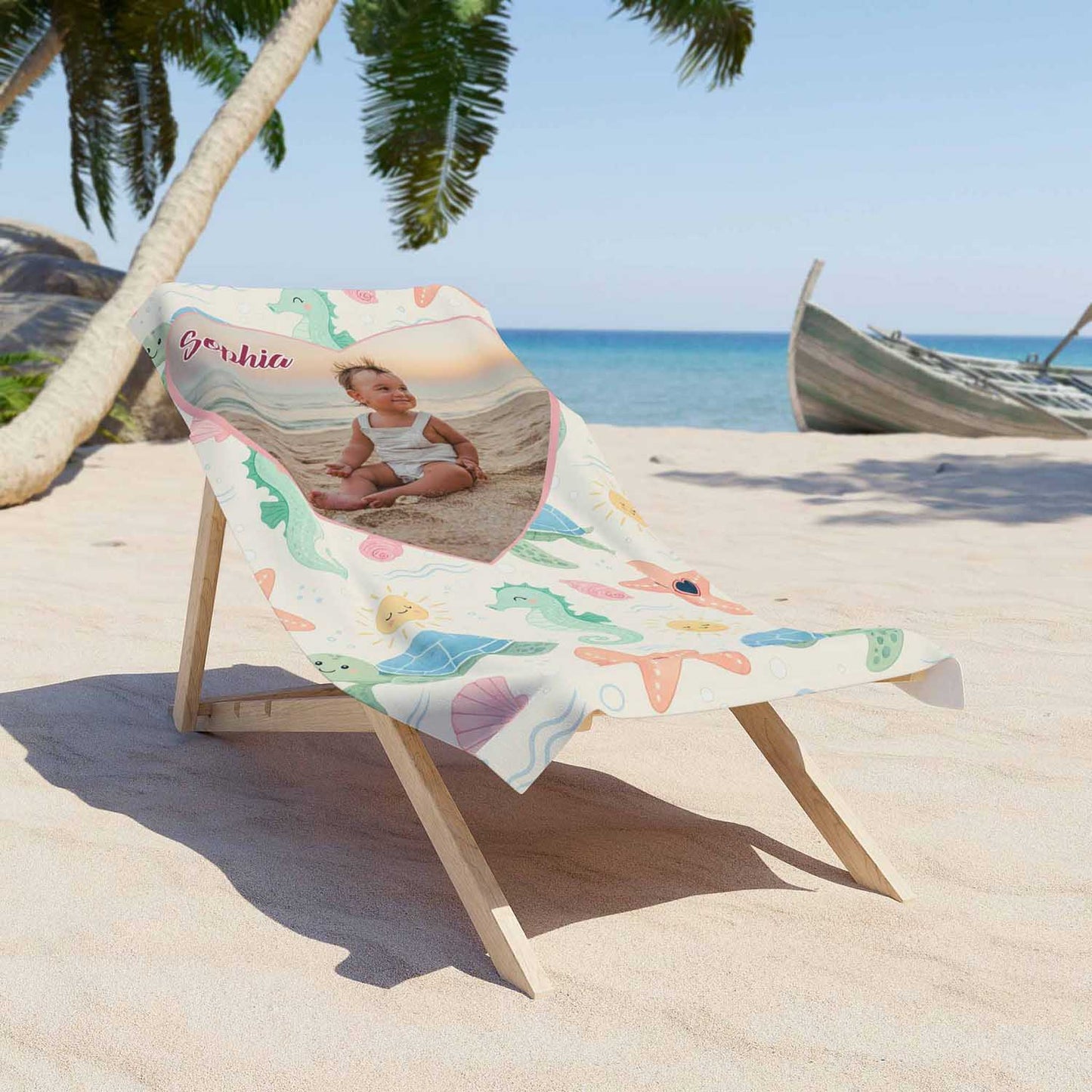 Personalized baby girl beach towel custom photo name, kids gift pastel sea animals art lifestyle lounger