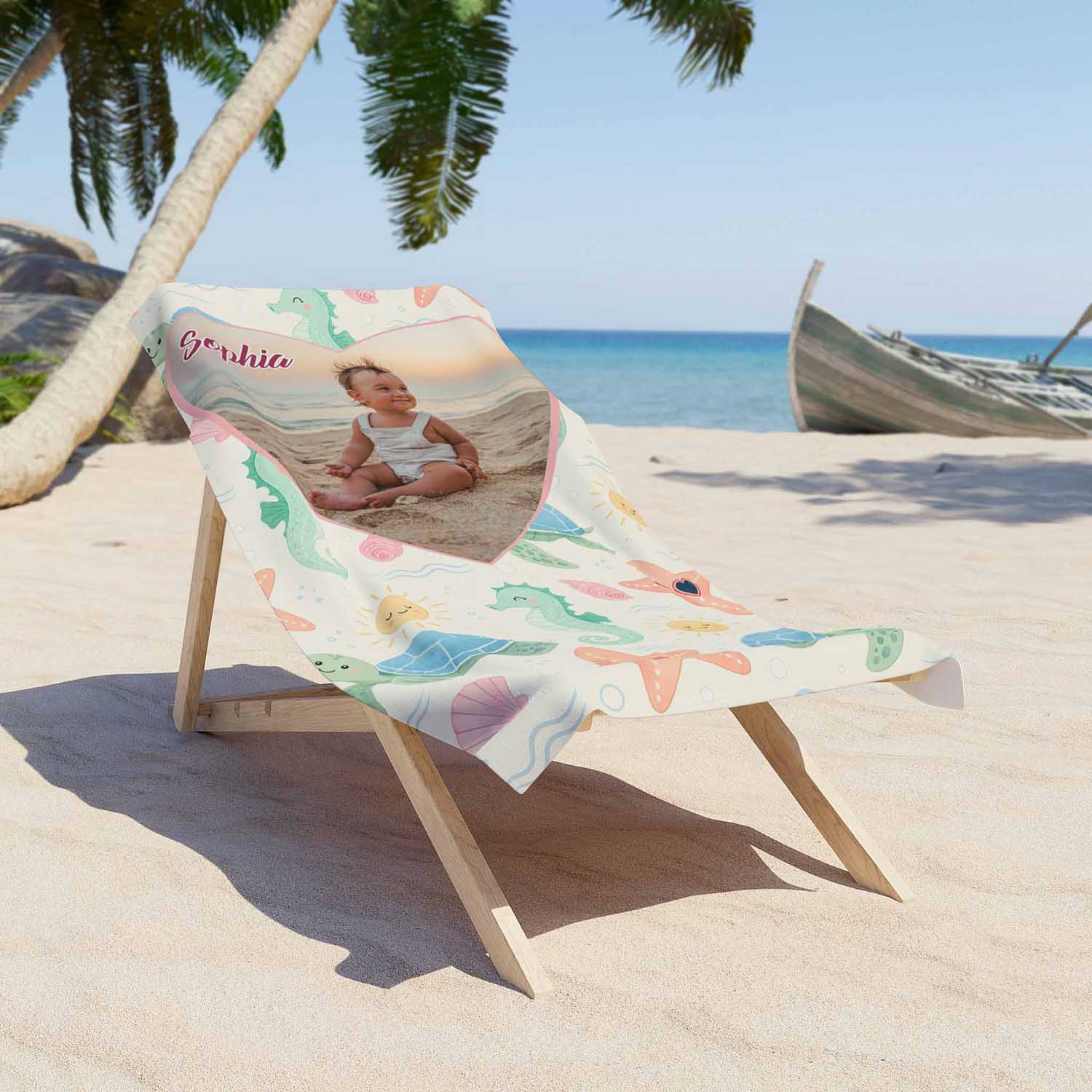 Personalized baby girl beach towel custom photo name, kids gift pastel sea animals art lifestyle lounger