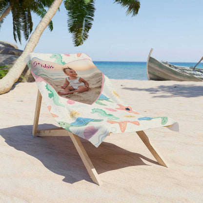 Personalized baby girl beach towel custom photo name, kids gift pastel sea animals art lifestyle lounger