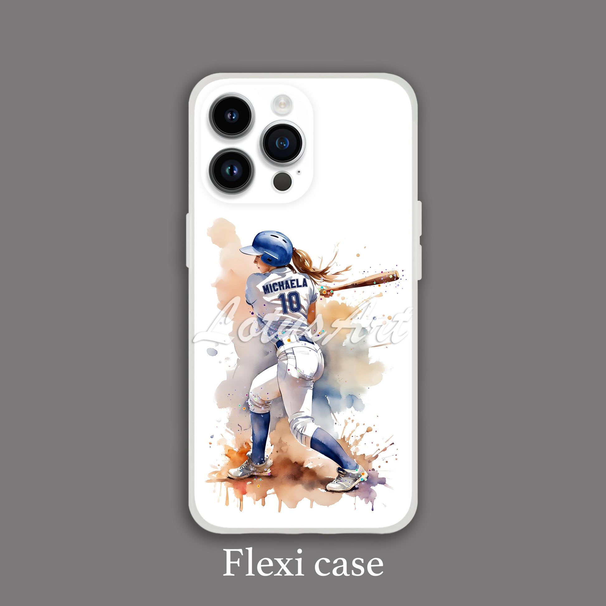 Personalized baseball softball girl sports phone case watercolor art, girl batter, custom name & number, flexi case iPhone