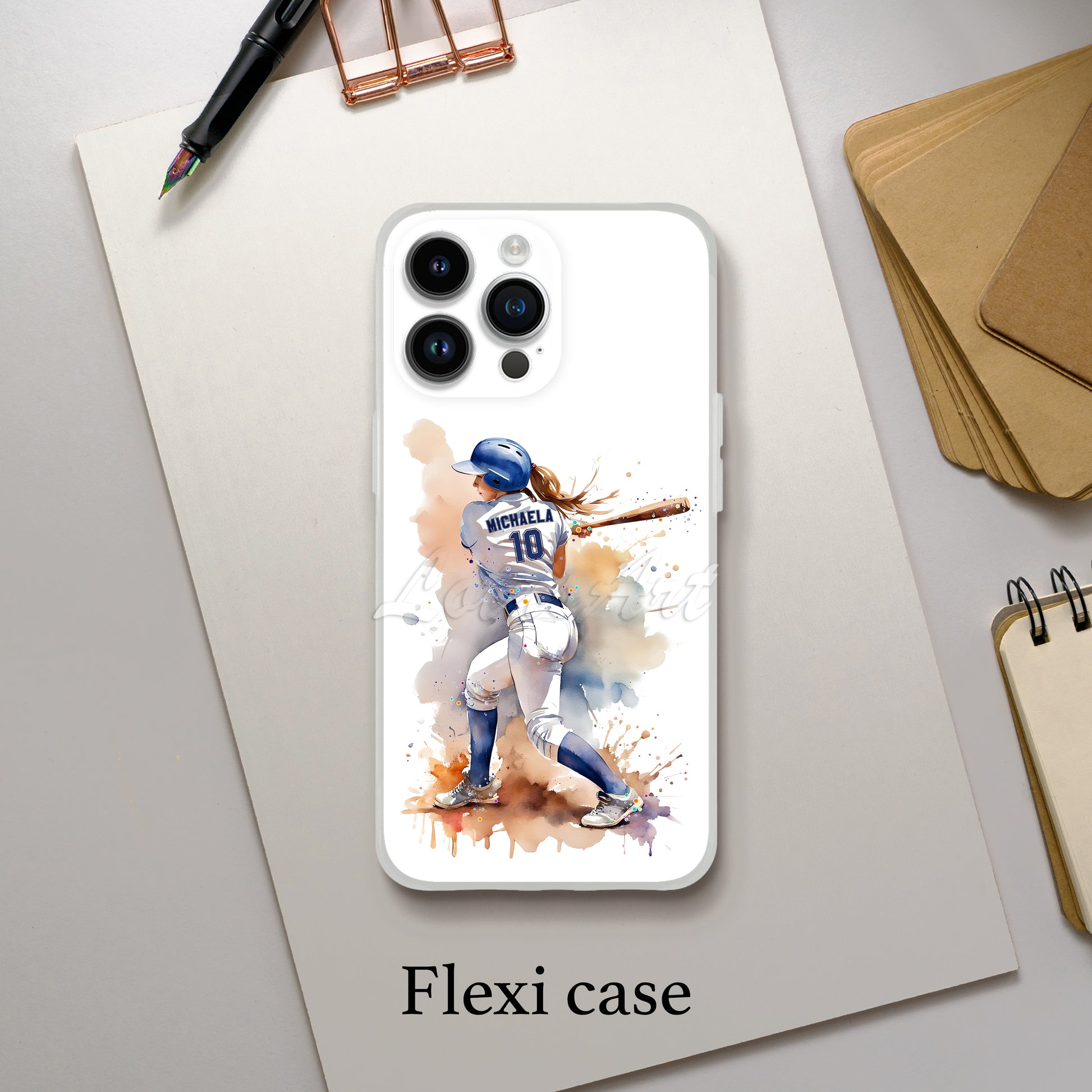 Personalized baseball softball girl sports phone case pastel watercolor art, custom name & number, flexi case lifestyle