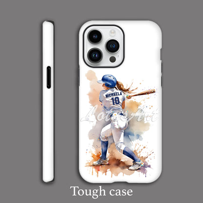 Personalized baseball softball girl sports phone case watercolor art, girl batter, custom name & number, tough case iPhone