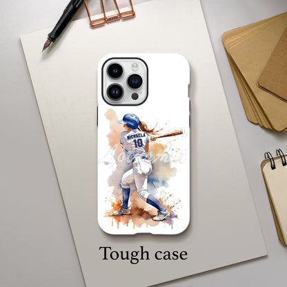 Personalized baseball softball girl sports phone case pastel watercolor art, custom name & number, tough case lifestyle