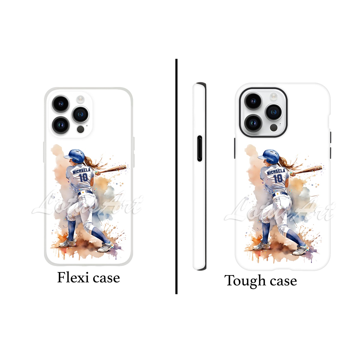 Personalized baseball softball girl sports phone case watercolor art, custom name number, flexi case & tough case front view