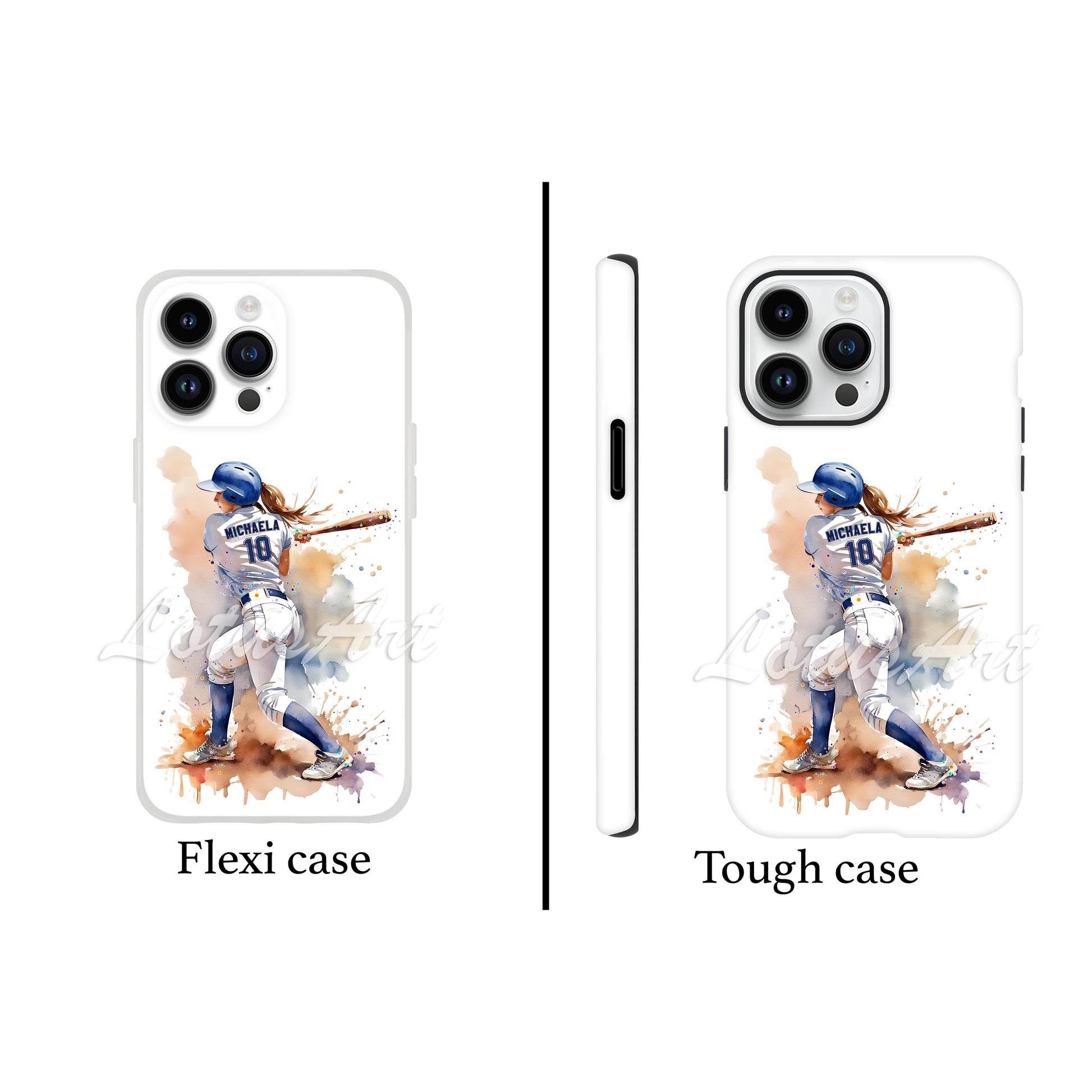 Personalized baseball softball girl sports phone case watercolor art, custom name number, flexi case & tough case front view
