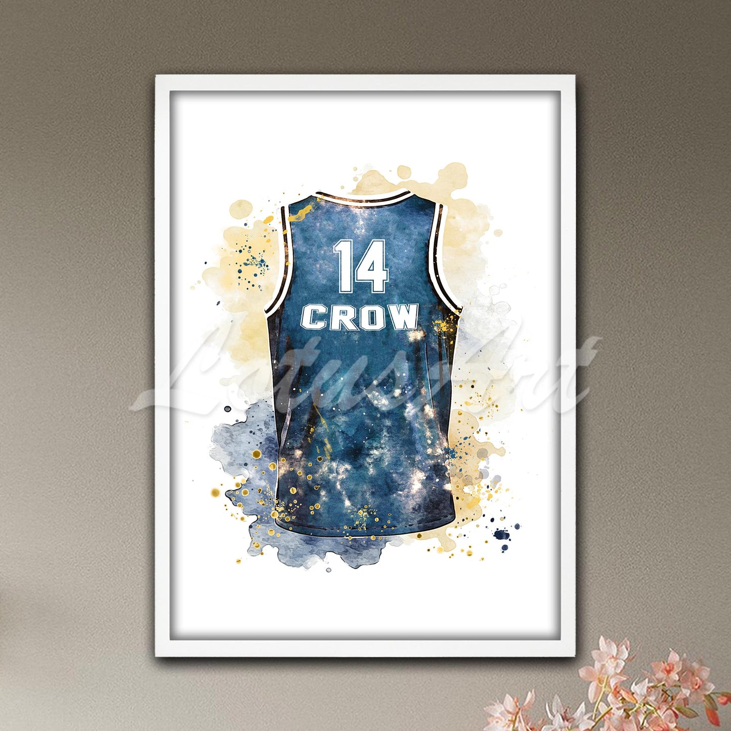 Personalized basketball jersey with custom name & number art print in navy blue watercolor - teen bedroom decor