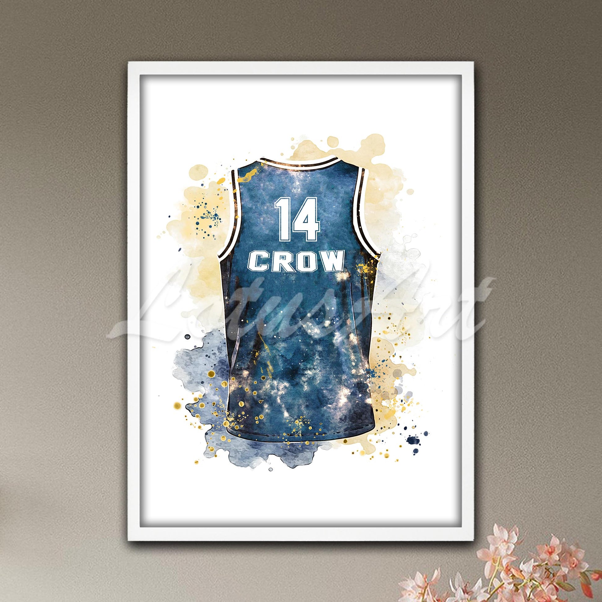 Personalized basketball jersey with custom name & number art print in navy blue watercolor - teen bedroom decor