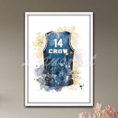 Personalized basketball jersey with custom name & number art print in navy blue watercolor - teen bedroom decor