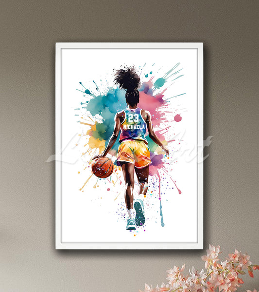 Personalized black girl basketball watercolor print with custom name and jersey number in white wooden frame - kids room sports art
