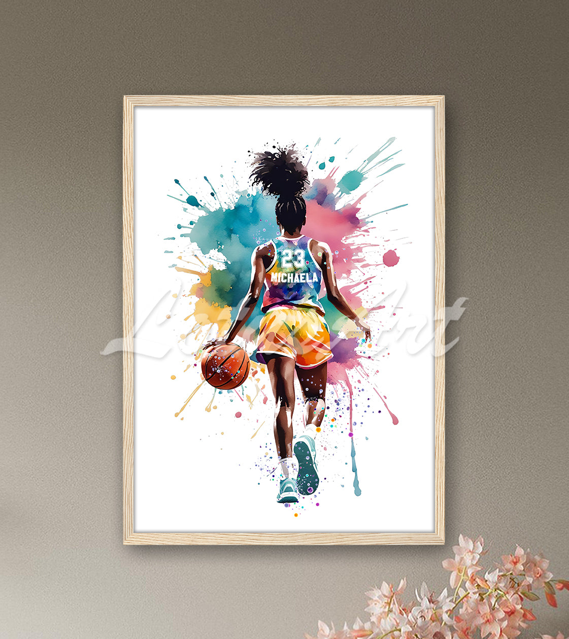 Personalized black girl basketball artwork with custom name and jersey number in natural wooden frame - kids room gift