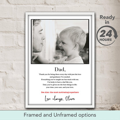 Personalized Dad definition poster with custom photo in white frame, heartfelt Father's Day gift & custom home decor
