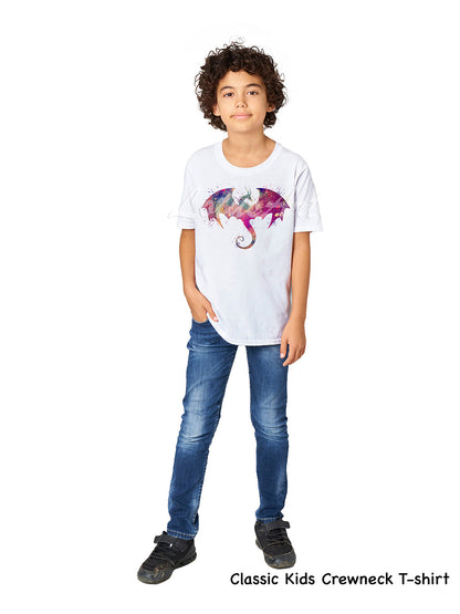 Personalized dragon kids t-shirt custom name, warm watercolor fantasy art, classic kids crewneck cotton tee