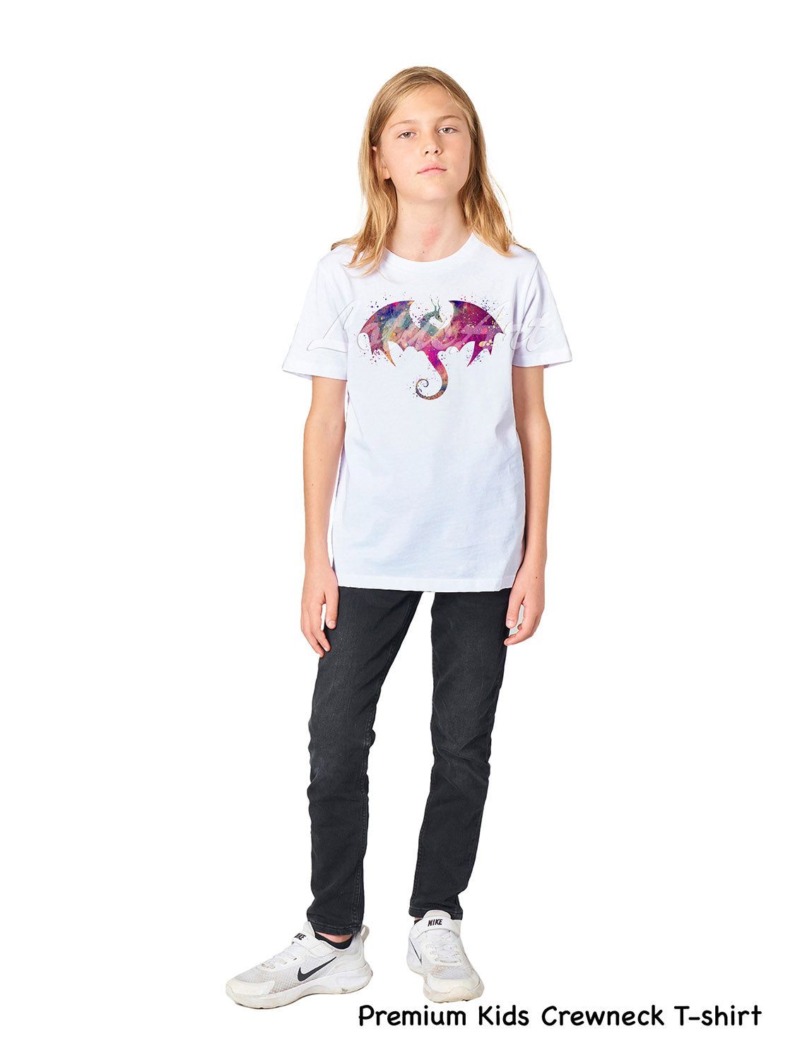Personalized dragon kids t-shirt custom name, warm watercolor fantasy art, premium kids crewneck cotton tee