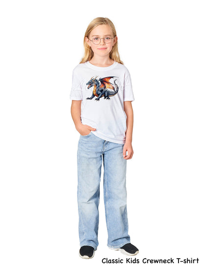 Girl wearing personalized dragon kids t-shirt watercolor fantasy art, classic kids crewneck cotton tee XS to XL