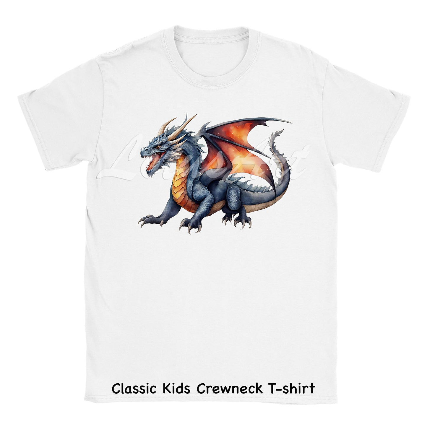 Personalized dragon kids t-shirt watercolor fantasy art print, white cotton tee for boys and girls XS to XL