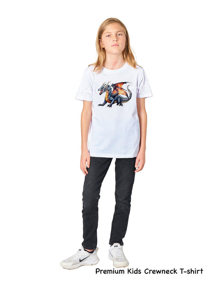 Girl wearing personalized dragon kids t-shirt watercolor fantasy art, premium kids crewneck cotton tee XS to XL