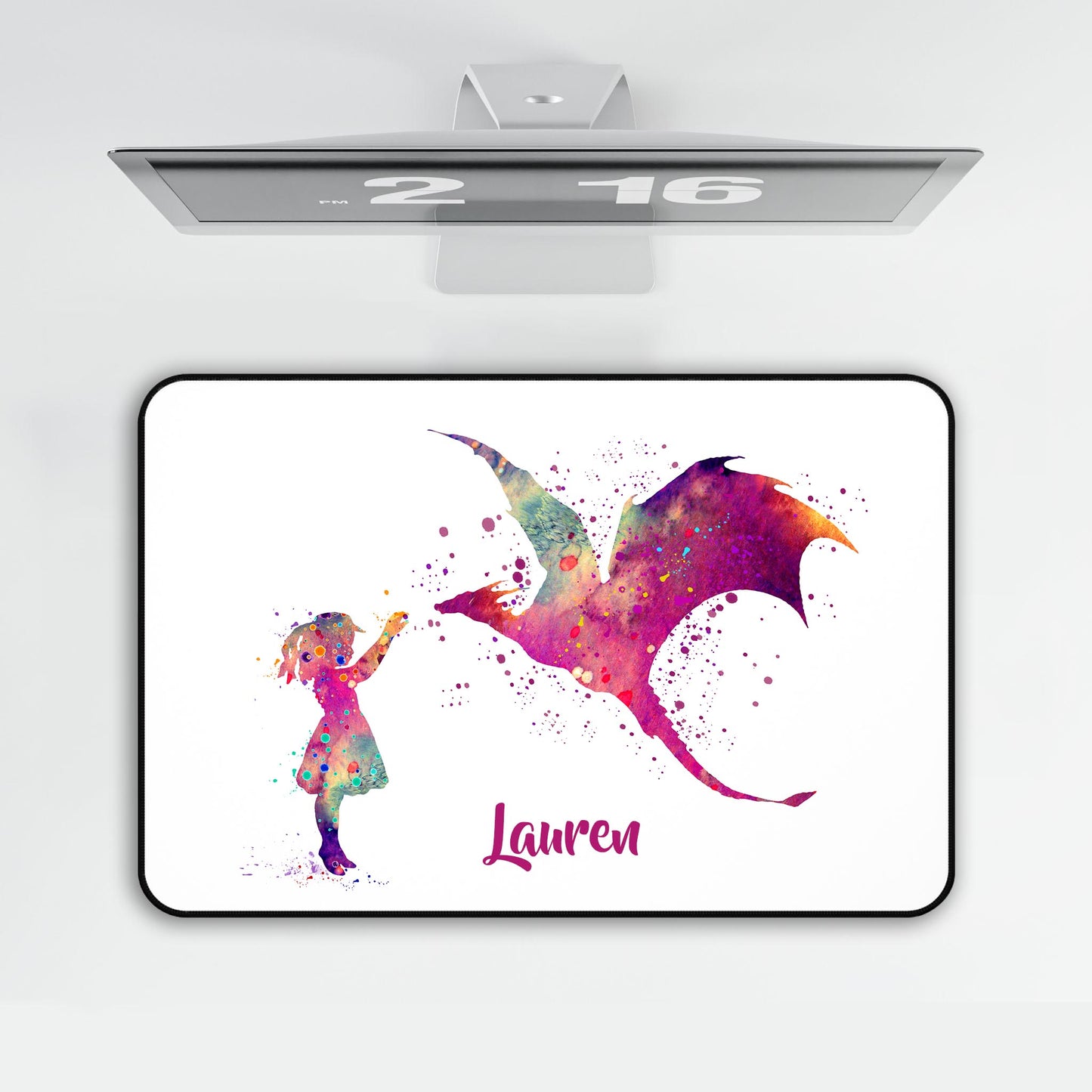 Personalized dragon mouse pad with watercolor girl art - custom fantasy desk mat under computer