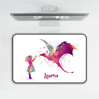 Personalized dragon mouse pad with watercolor girl art - custom fantasy desk mat under computer