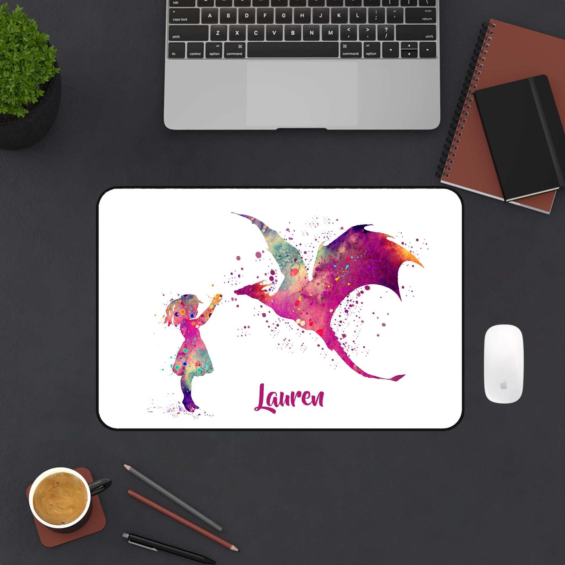 Personalized fantasy mouse pad with girl and dragon watercolor art - custom name desk mat lifestyle