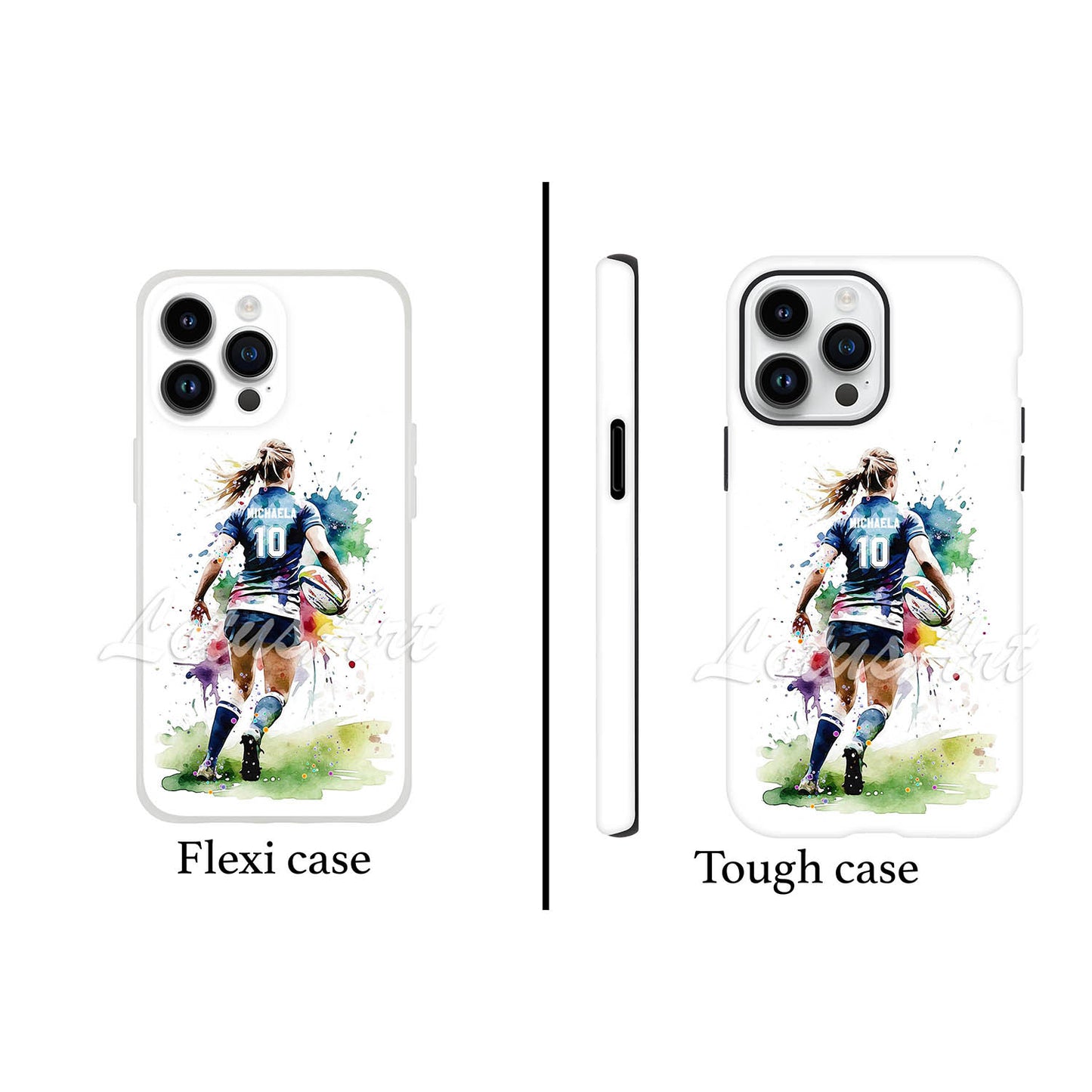 Personalized female rugby sports phone case watercolor art print, for girl athletes, flexi case and tough case comparison
