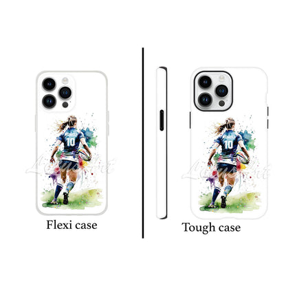 Personalized female rugby sports phone case watercolor art print, for girl athletes, flexi case and tough case comparison