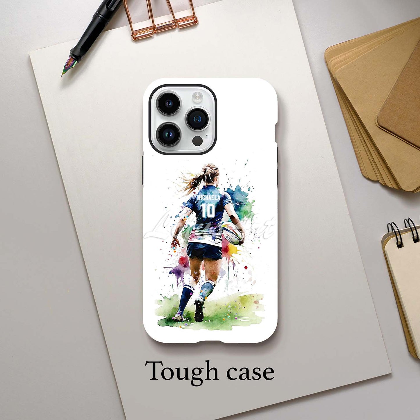 Personalized female rugby phone case watercolor sports art print, girl athlete gift, tough case lifestyle