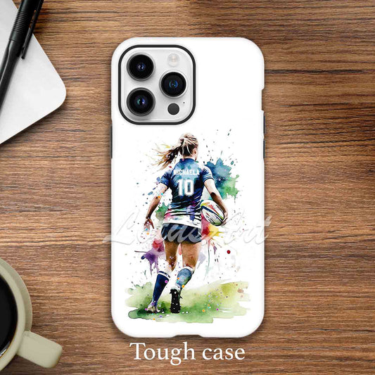 Personalized female rugby sports phone case watercolor art print, for girl athletes, tough case iPhone