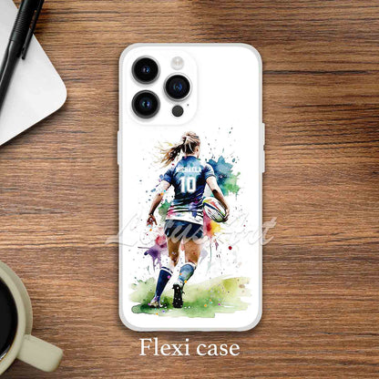 Personalized female rugby sports phone case watercolor art, for girl athletes, printed flexi case iPhone
