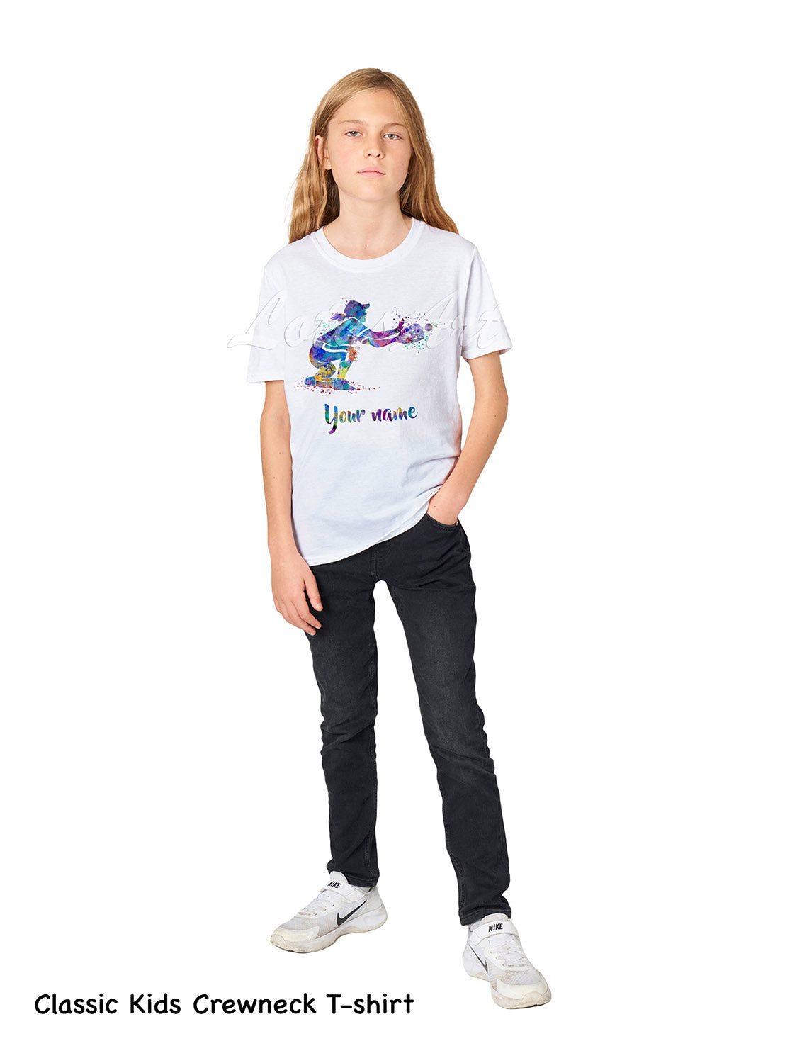 Personalized baseball catcher kids t-shirt custom name, watercolor sports art, classic kids crewneck cotton tee