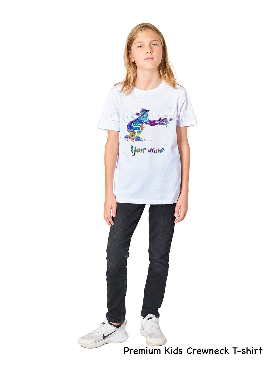 Personalized baseball catcher kids t-shirt custom name, watercolor sports art, premium kids crewneck cotton tee