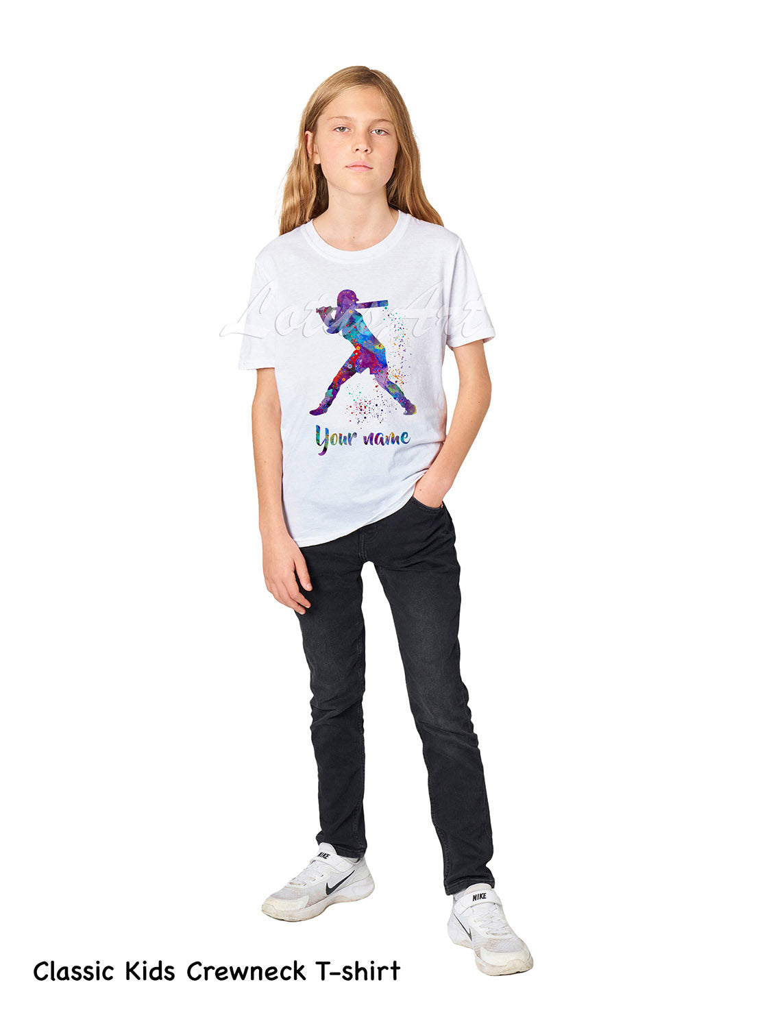 Personalized baseball kids t-shirt custom name, watercolor batter sports art, classic kids crewneck cotton tee