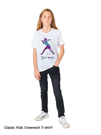 Personalized baseball kids t-shirt custom name, watercolor batter sports art, classic kids crewneck cotton tee