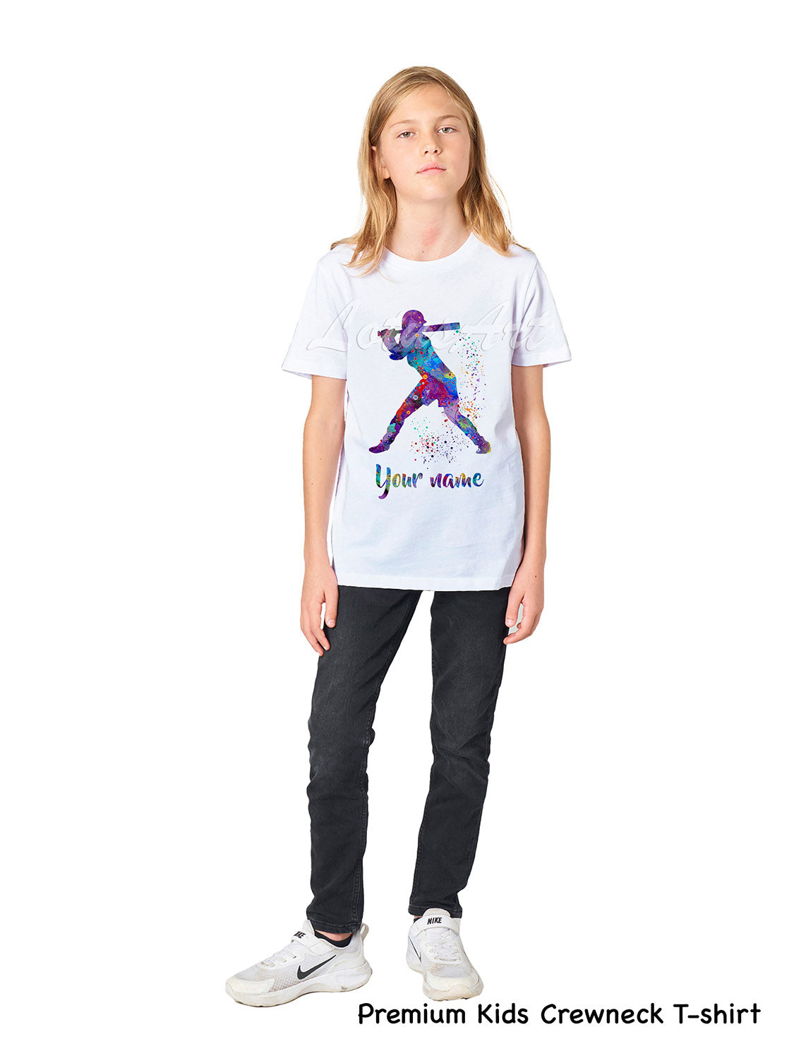 Personalized baseball kids t-shirt custom name, watercolor batter sports art, premium kids crewneck cotton tee