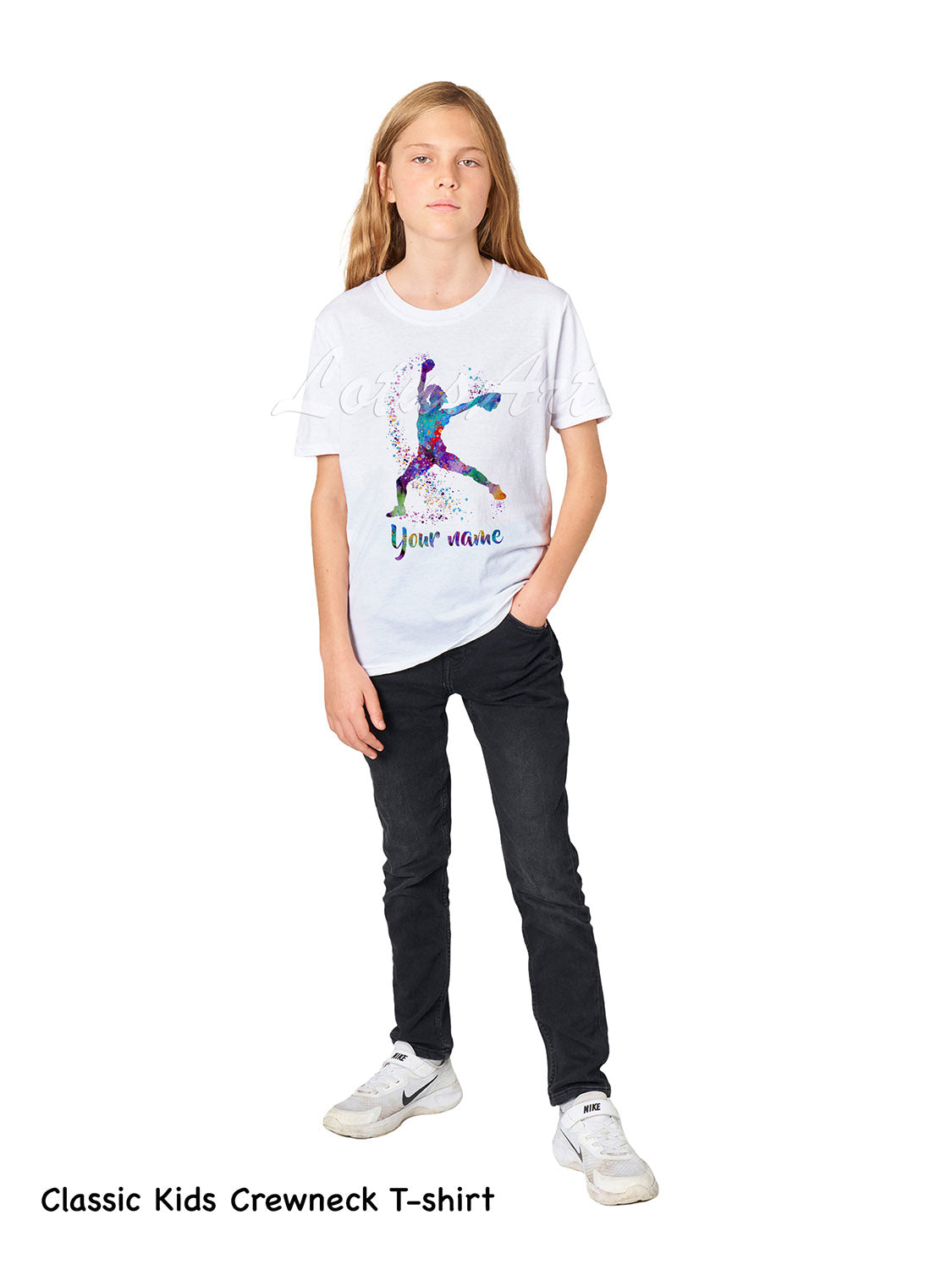 Personalized baseball kids t-shirt with custom name, watercolor pitcher sports art, classic kids crewneck cotton tee
