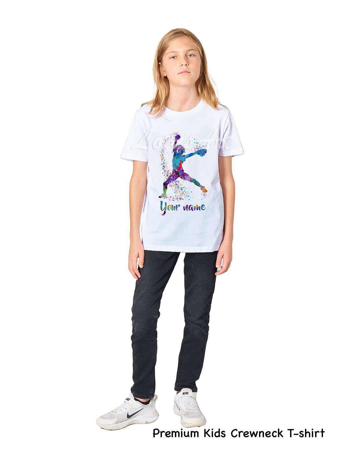Personalized baseball kids t-shirt with custom name, watercolor pitcher sports art, premium kids crewneck cotton tee