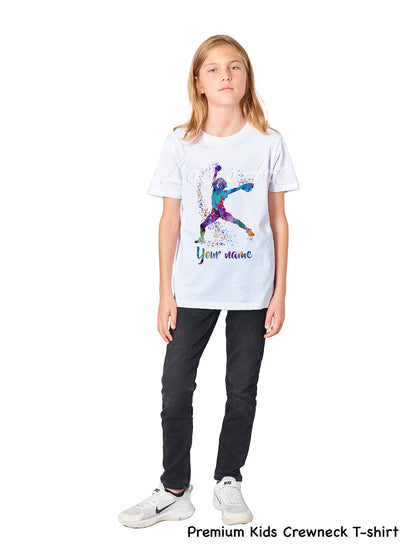 Personalized baseball kids t-shirt with custom name, watercolor pitcher sports art, premium kids crewneck cotton tee