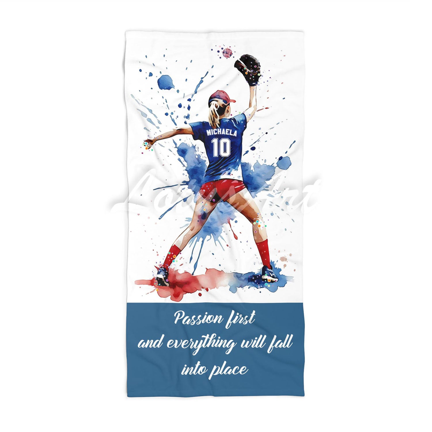 Girl baseball pitcher sports beach towel personalized custom name number, red white blue watercolor art front view