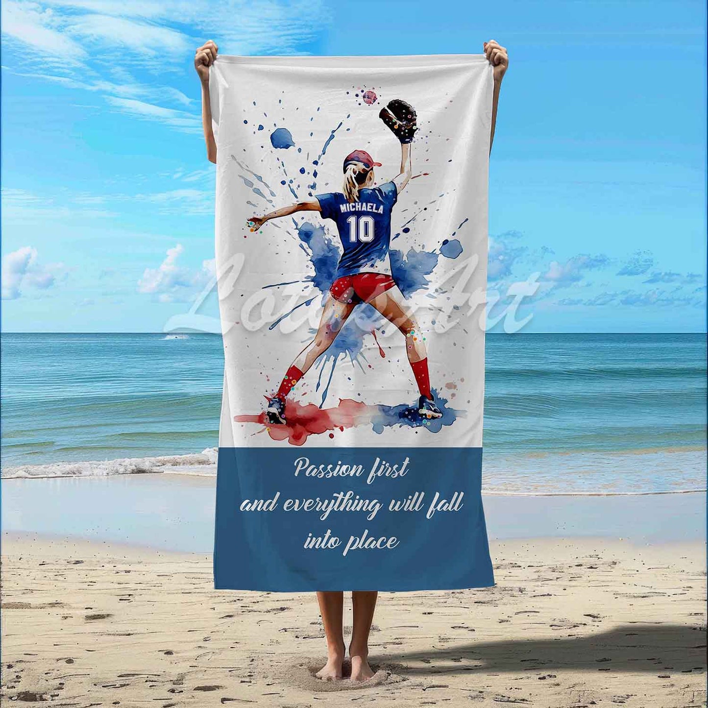 Girl baseball pitcher sports beach towel personalized custom name number, red white blue watercolor art lifestyle beach