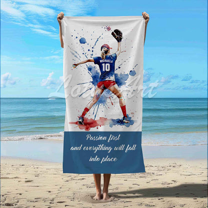 Girl baseball pitcher sports beach towel personalized custom name number, red white blue watercolor art lifestyle beach