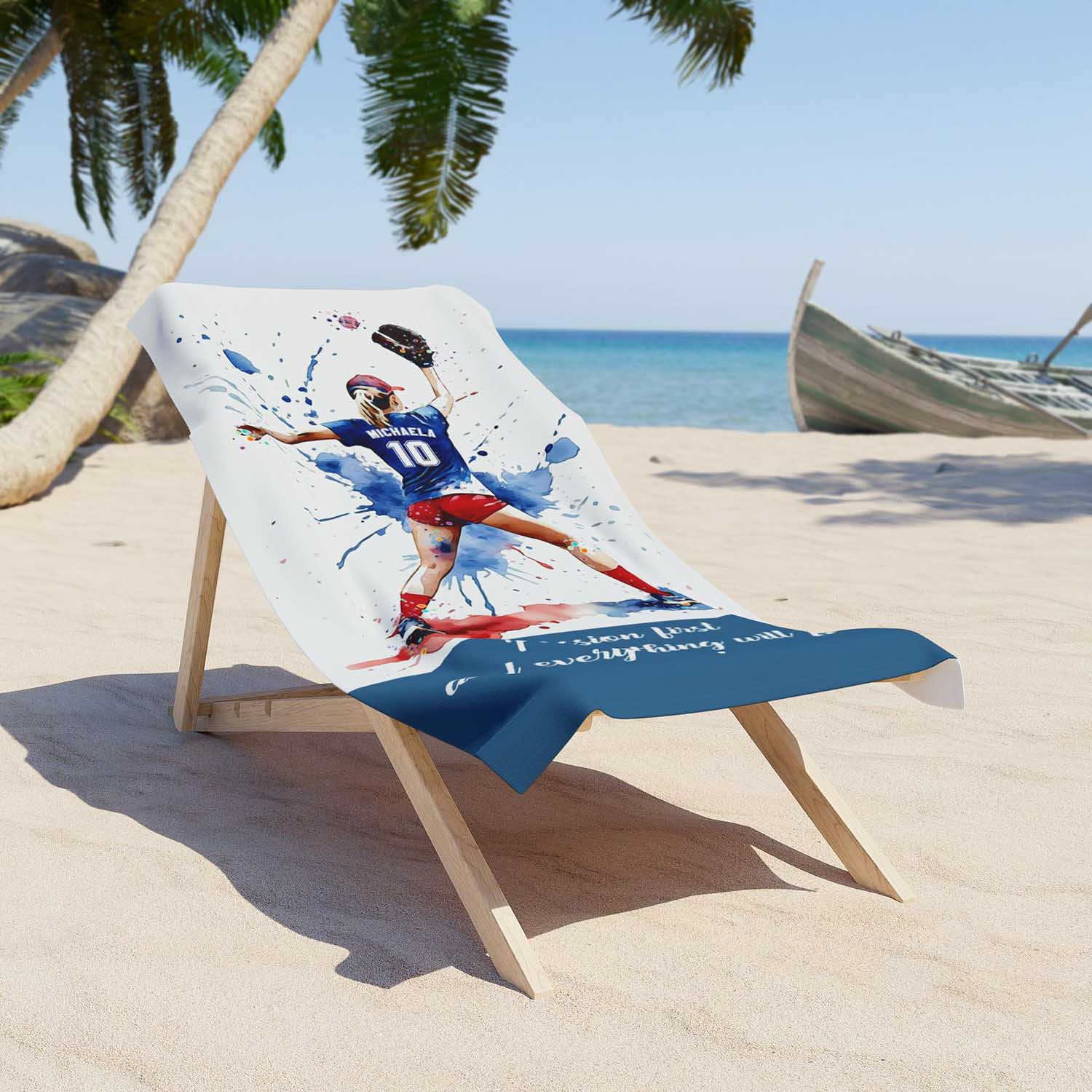 Girl baseball pitcher sports beach towel personalized custom name number, red white blue watercolor art lifestyle lounger