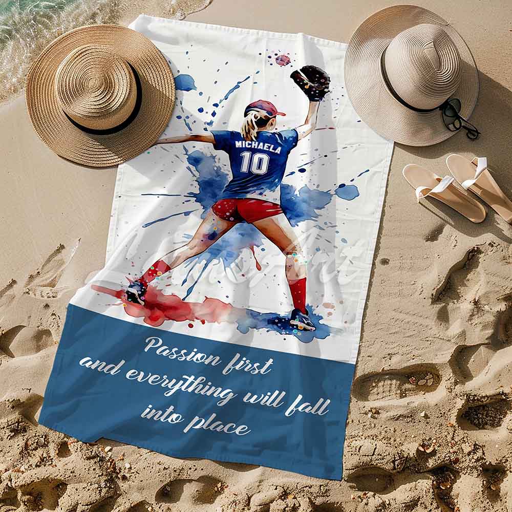 Girl baseball pitcher sports beach towel personalized custom name number, red white blue watercolor art lifestyle sand