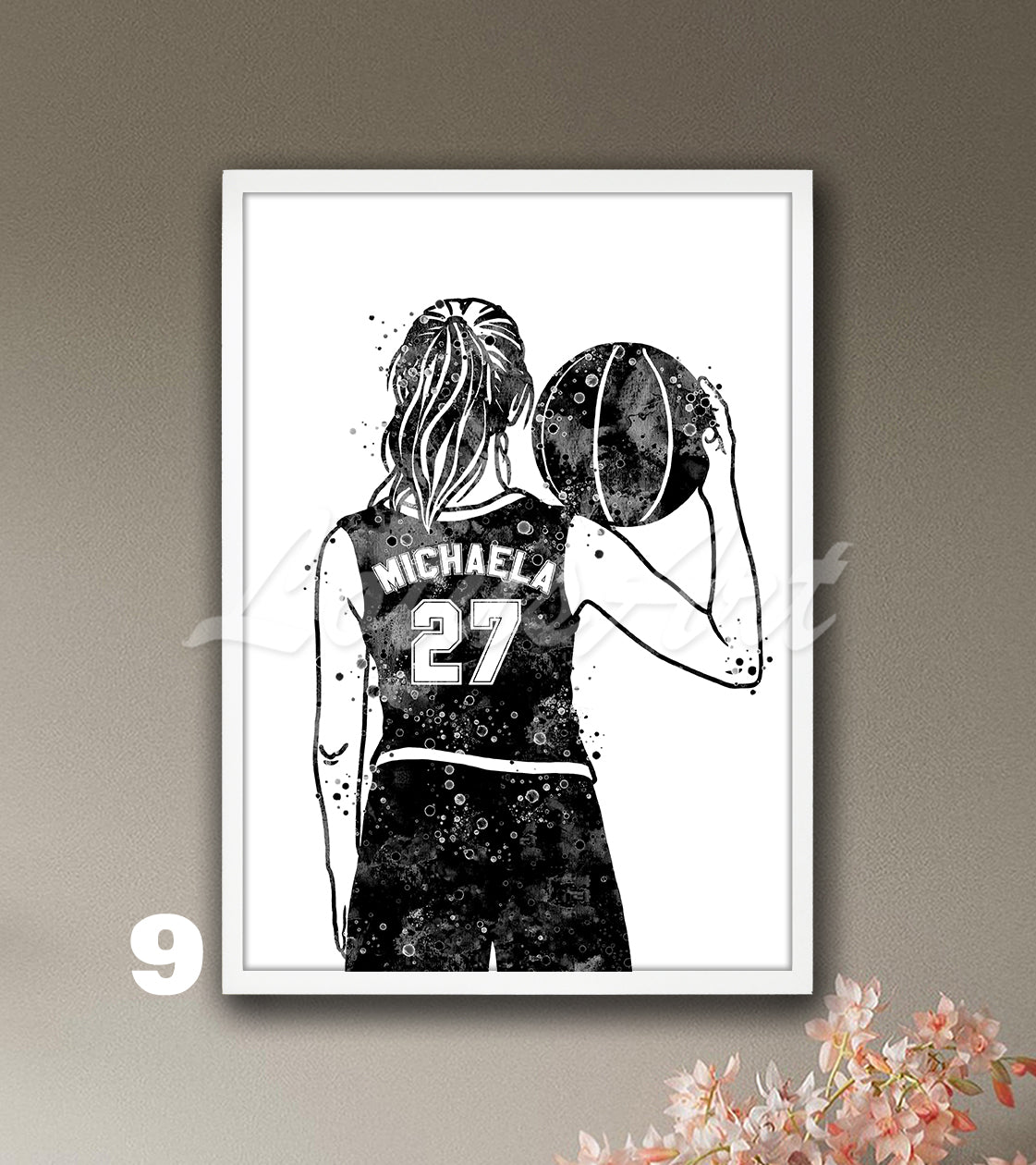 Personalized girl basketball watercolor sports art in black white - custom decor