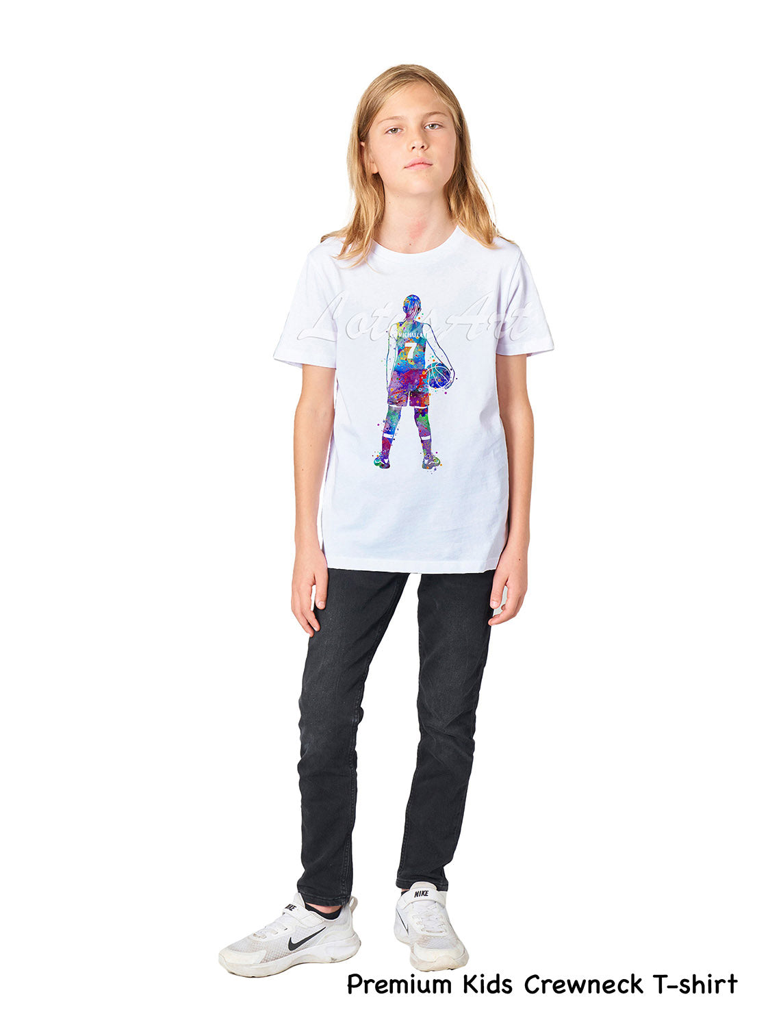 Personalized basketball kids t-shirt- custom name & jersey number, watercolor sports art, premium kids crewneck cotton tee