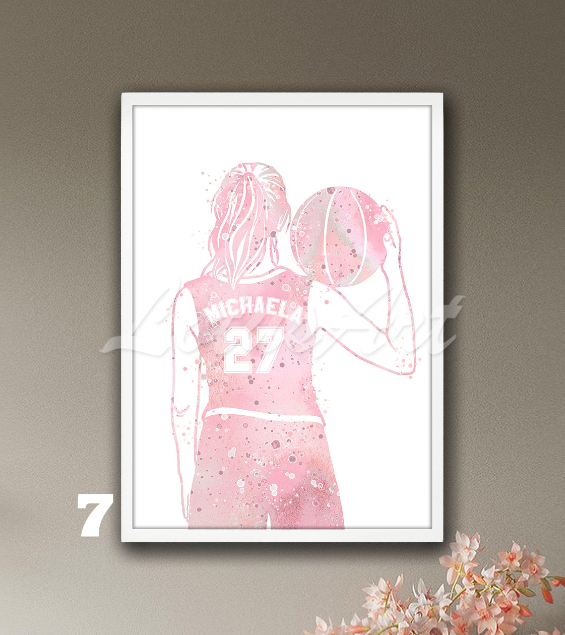 Personalized girl basketball watercolor sports art in pink - custom wall decor