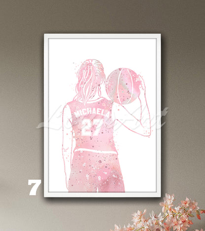 Personalized girl basketball watercolor sports art in pink - custom wall decor